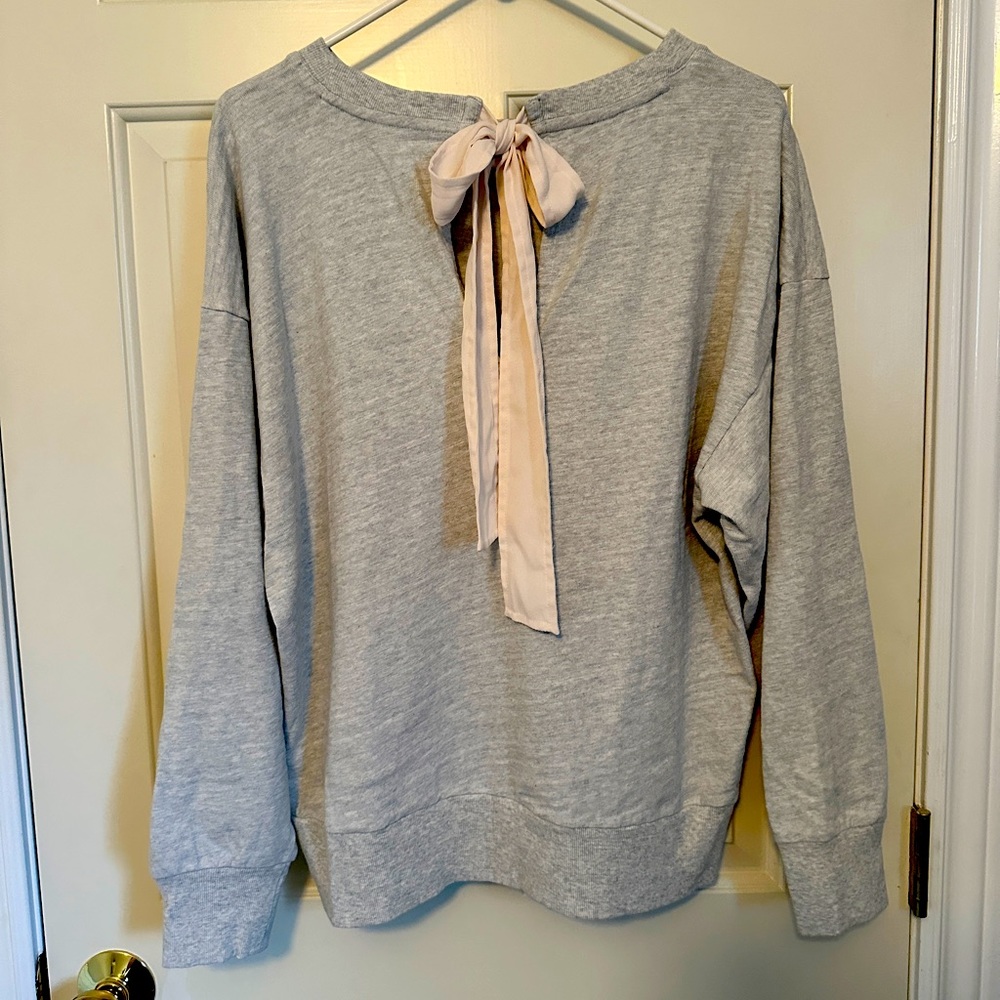 LOFT Gray Sweater with Pink Bow Detail